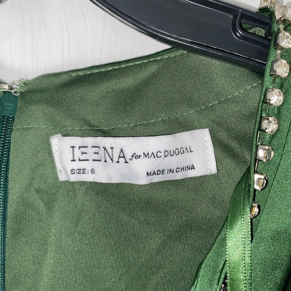 IEENA FOR MAC DUGGAL Rhinestone Trim Puff Sleeve Gathered Formal Gown Green Sz 6 - Picture 8 of 12